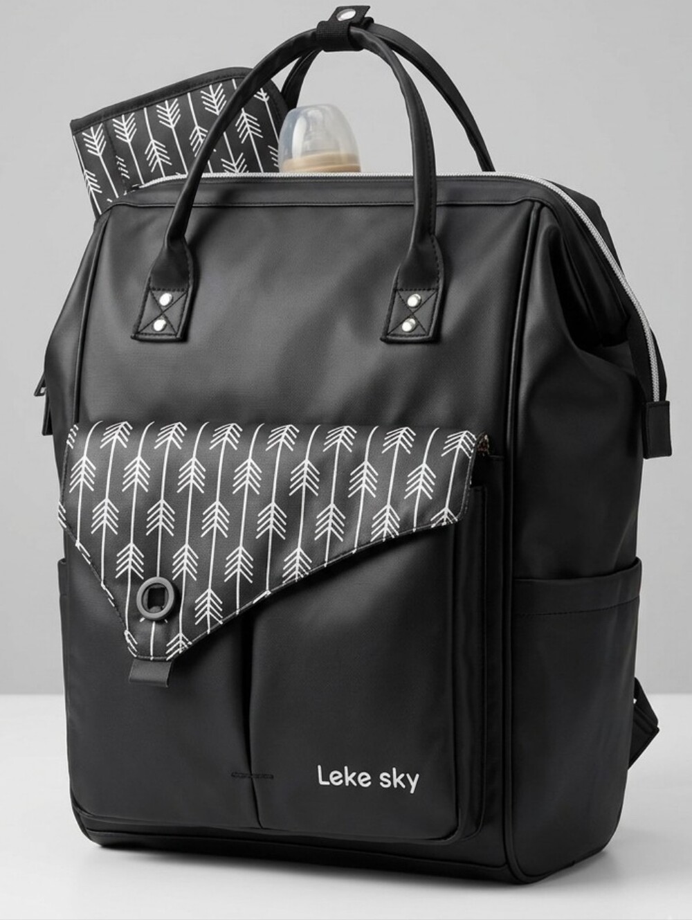 ​Lekebaby Lekesky Diaper Bag Backpack Black Arrow Print Wide Open Laptop Travel